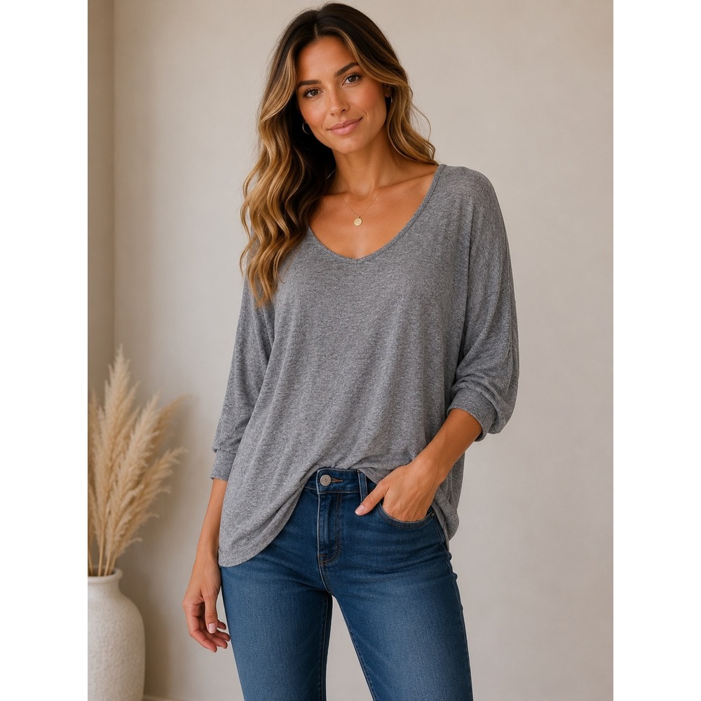 Splendid Womens Oversized Batwing Knit Top Heather Grey Scoop Neck XS ST526940